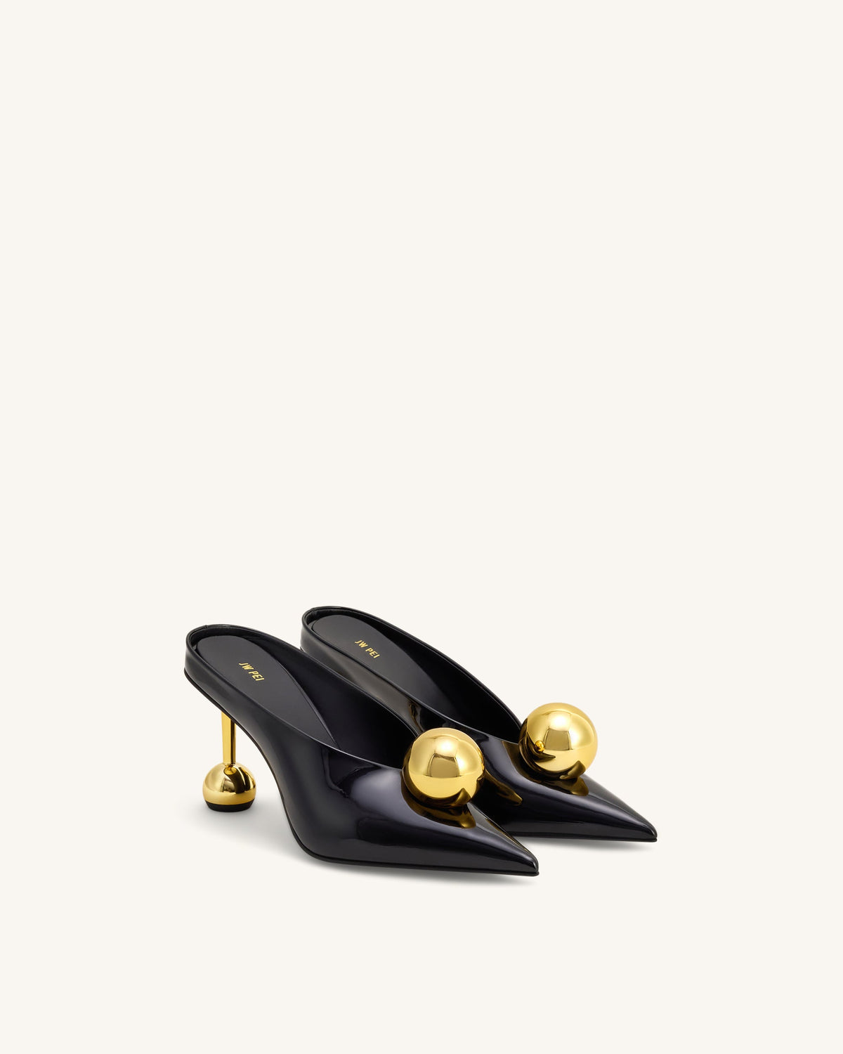Sofia Angled Vamp Heel Mules - Black & Gold | JW PEI