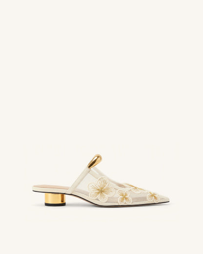 Helena Pierced Floral Mesh Mules - Ivory | JW PEI