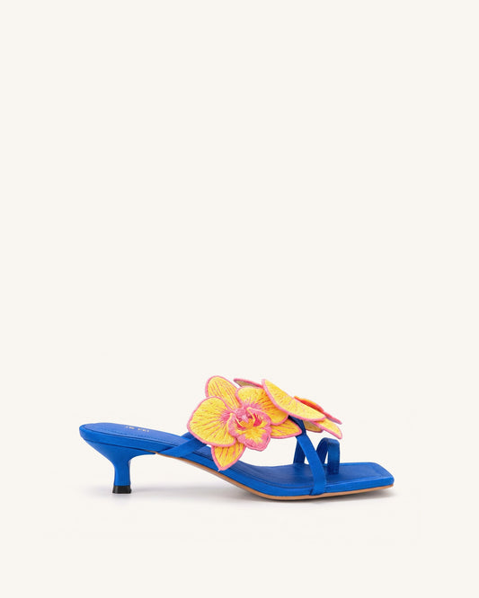 Serena Orchid Embroidered Toe Ring Heeled Sandals - Royal Blue | JW PEI