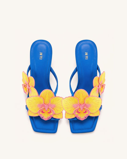 Serena Orchid Embroidered Toe Ring Heeled Sandals - Royal Blue | JW PEI