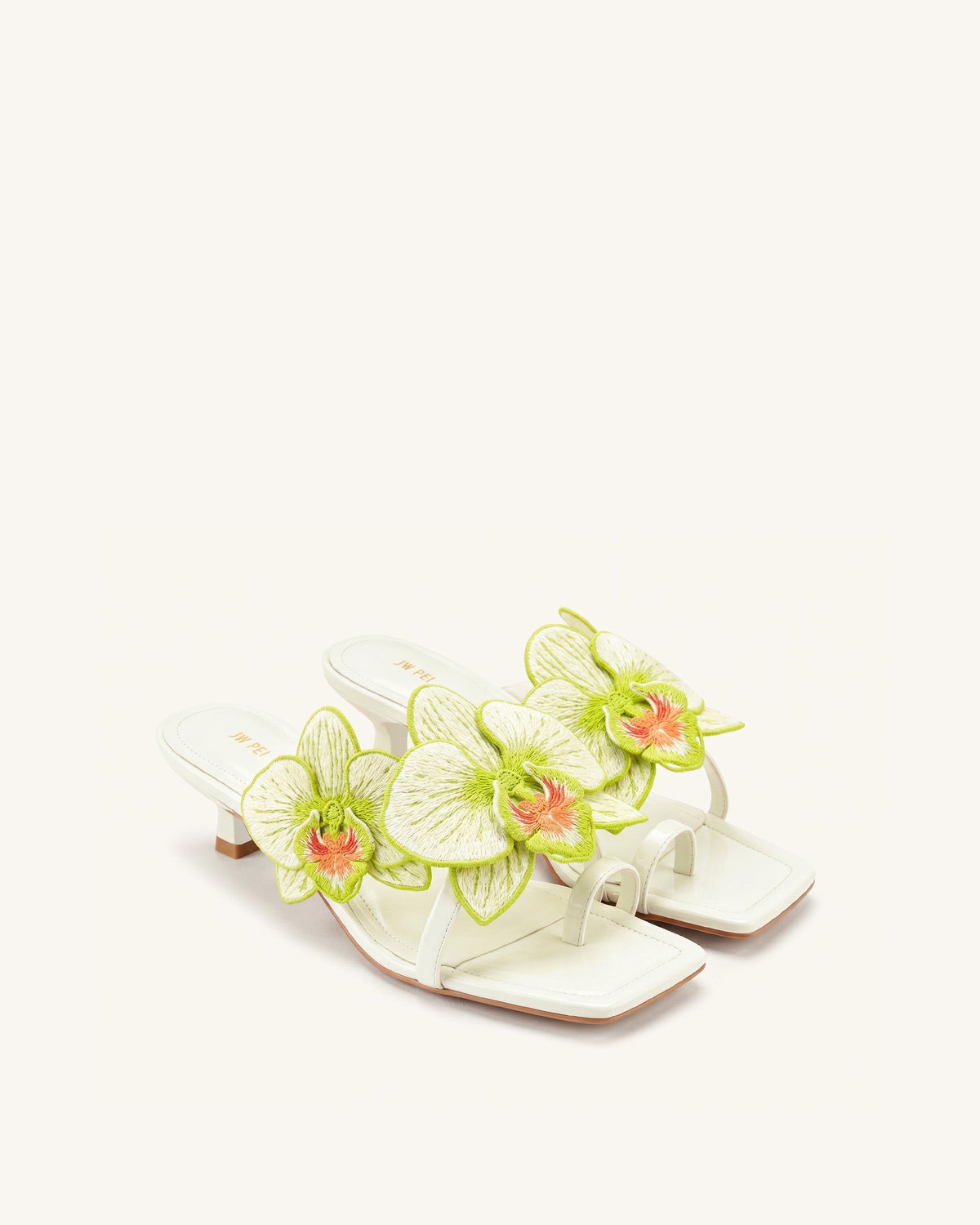Serena Orchid Embroidered Toe Ring Heeled Sandals - Ivory Green | JW PEI