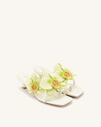 Serena Orchid Embroidered Toe Ring Heeled Sandals - Ivory Green | JW PEI