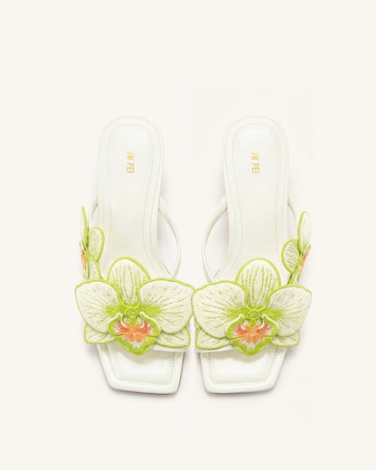 Serena Orchid Embroidered Toe Ring Heeled Sandals - Ivory Green | JW PEI