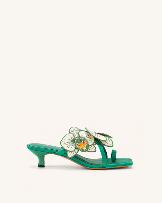 Serena Orchid Embroidered Toe Ring Heeled Sandals - Emerald Green | JW PEI