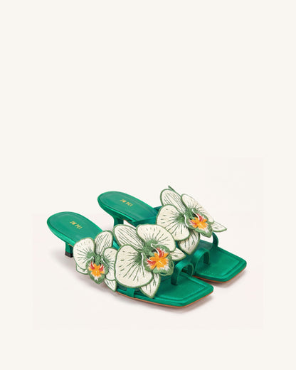Serena Orchid Embroidered Toe Ring Heeled Sandals - Emerald Green | JW PEI