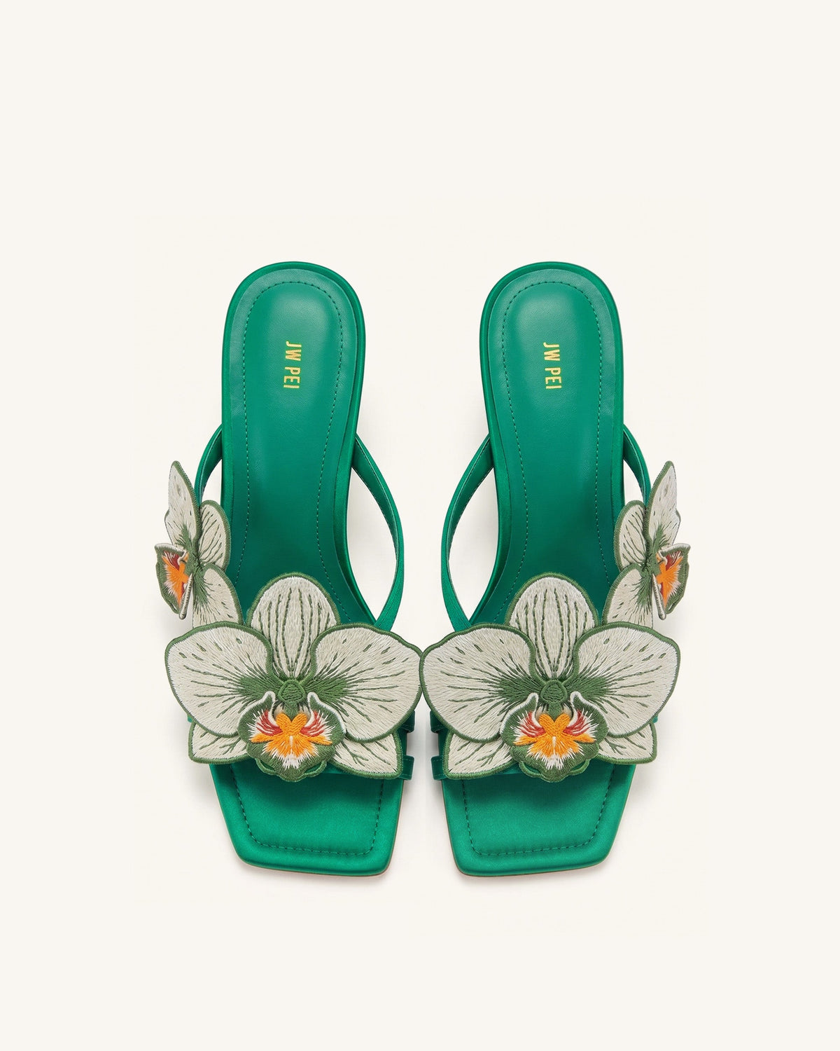 Serena Orchid Embroidered Toe Ring Heeled Sandals - Emerald Green | JW PEI