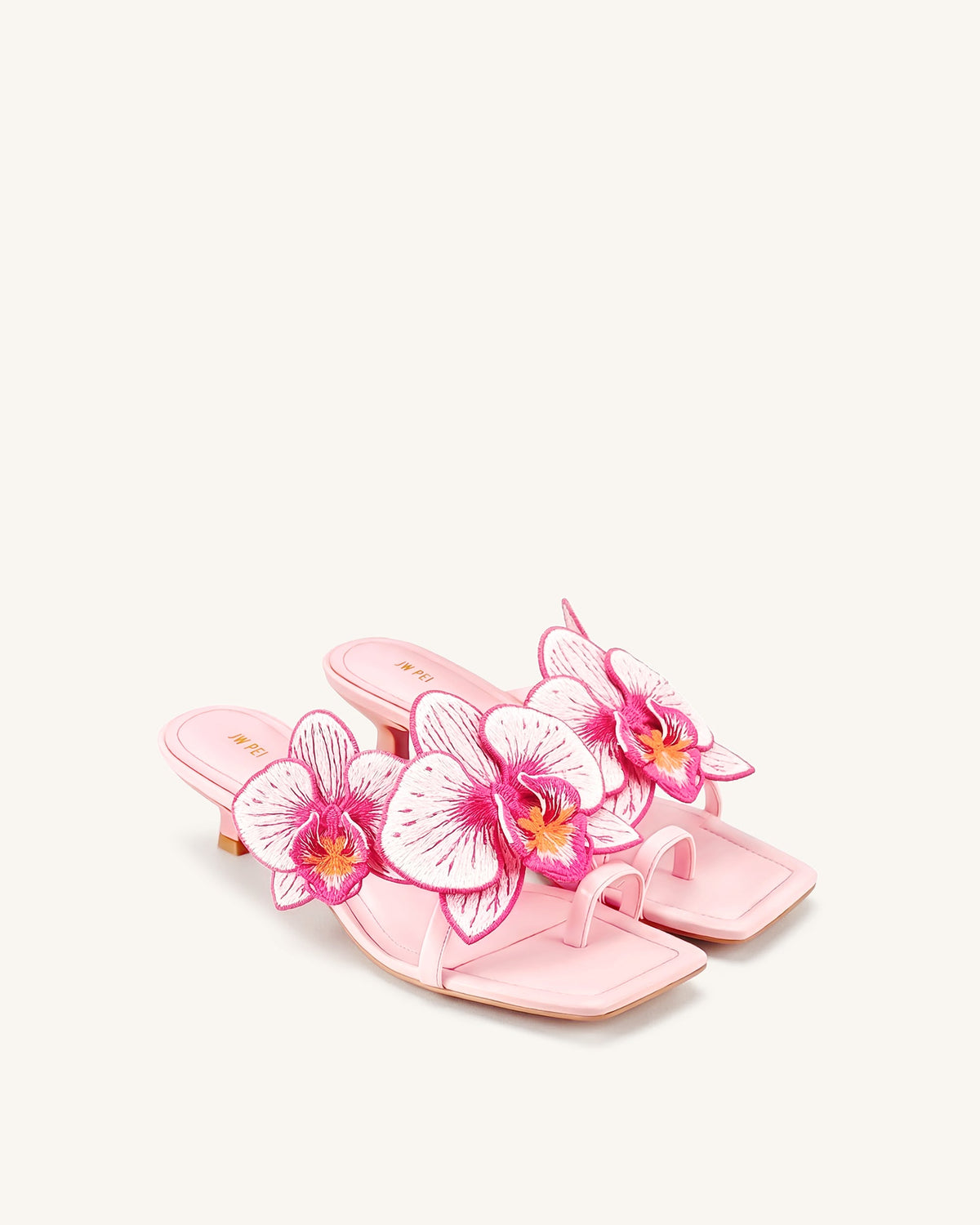 Serena Orchid Embroidered Toe Ring Heeled Sandals - Baby Pink | JW PEI