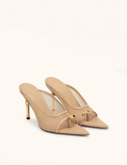 Noemi Pointed-Toe Mesh Mule Heels - Khaki | JW PEI