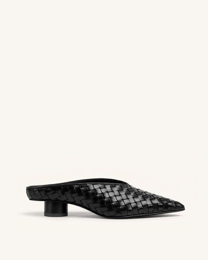 Helena Woven Textured Pointed Toe Mules - Black | JW PEI