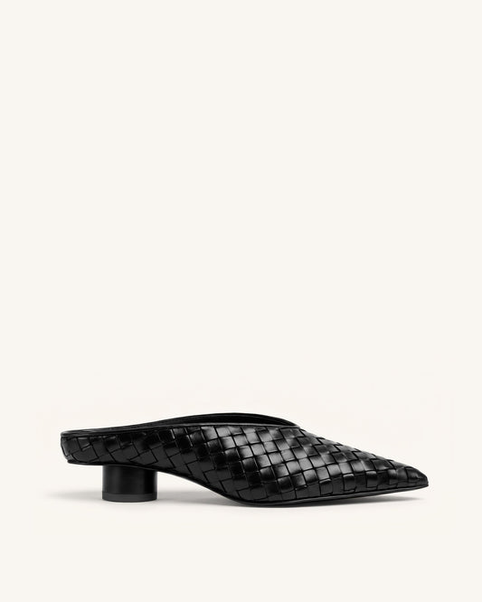 Helena Woven Textured Pointed Toe Mules - Black | JW PEI