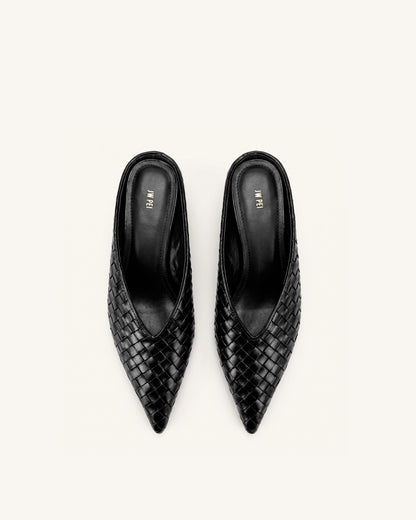 Helena Woven Textured Pointed Toe Mules - Black | JW PEI