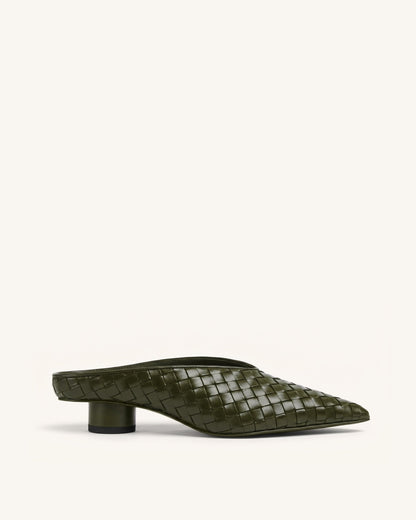 Helena Woven Textured Pointed Toe Mules - Olive Green | JW PEI