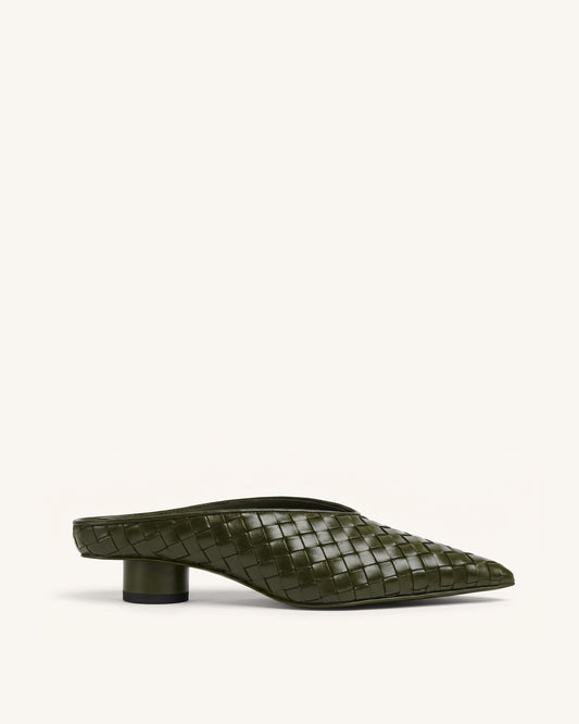 Helena Woven Textured Pointed Toe Mules - Olive Green | JW PEI