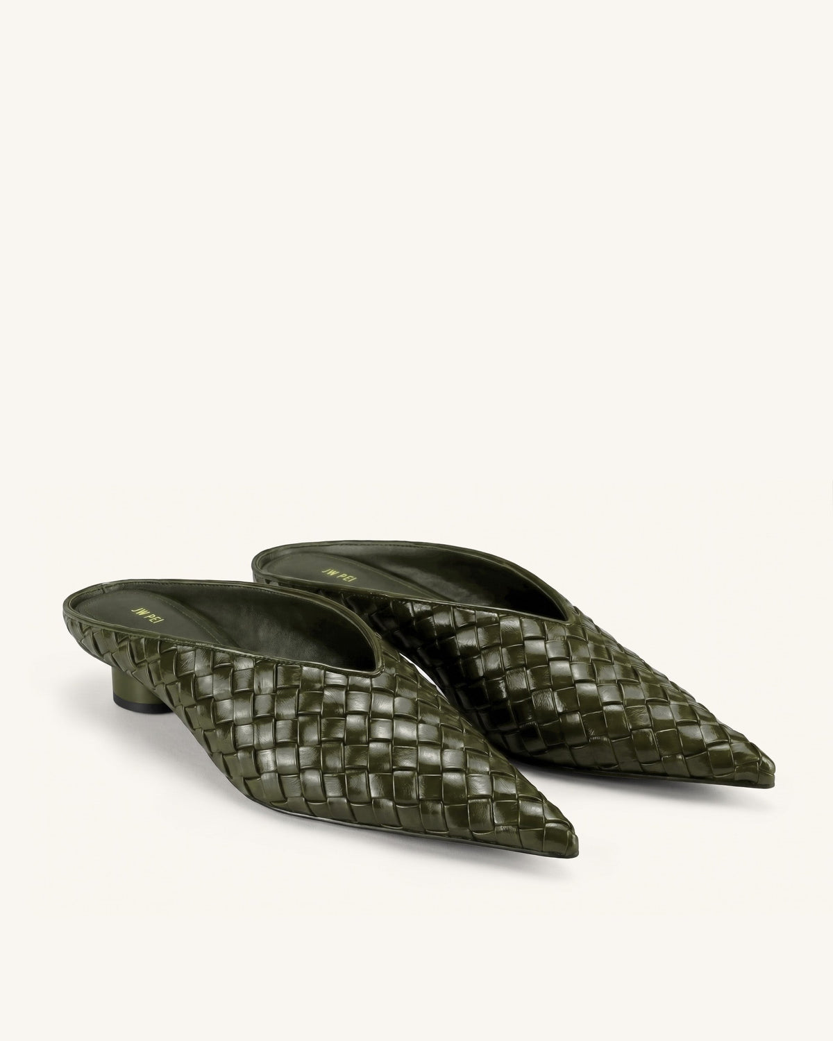 Helena Woven Textured Pointed Toe Mules - Olive Green | JW PEI