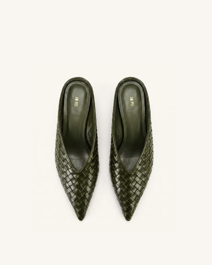 Helena Woven Textured Pointed Toe Mules - Olive Green | JW PEI