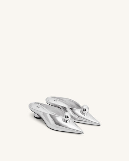 Helena Sphere Embellished Pointed Toe Mules - Silver | JW PEI