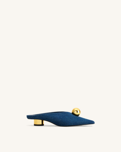 Helena Gold Sphere Pointed Toe Mules - Denim Blue | JW PEI