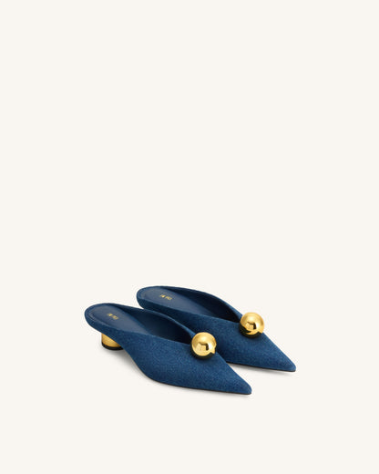 Helena Gold Sphere Pointed Toe Mules - Denim Blue | JW PEI