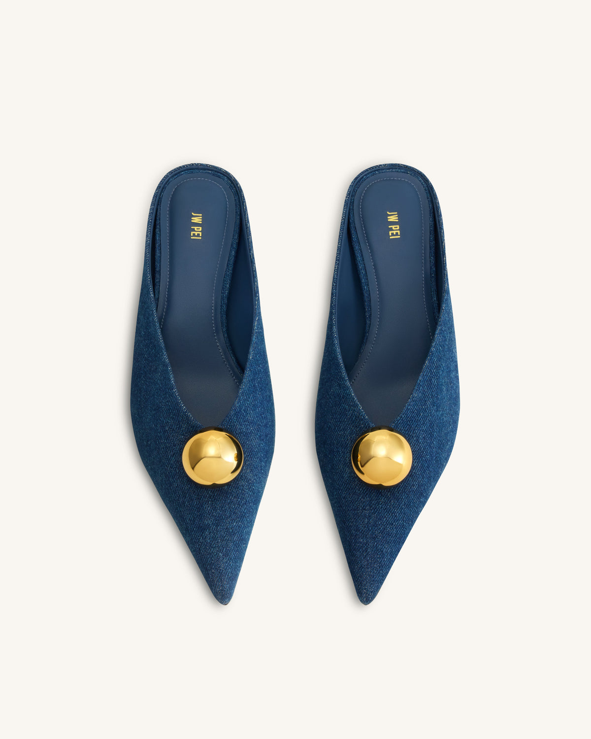 Helena Gold Sphere Pointed Toe Mules - Denim Blue | JW PEI