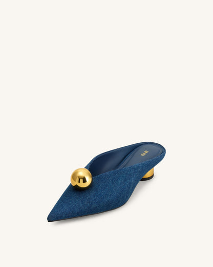 Helena Gold Sphere Pointed Toe Mules - Denim Blue | JW PEI