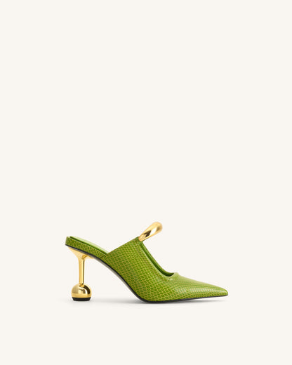 Sofia Metal Accent Sphere Heel Mules - Green | JW PEI