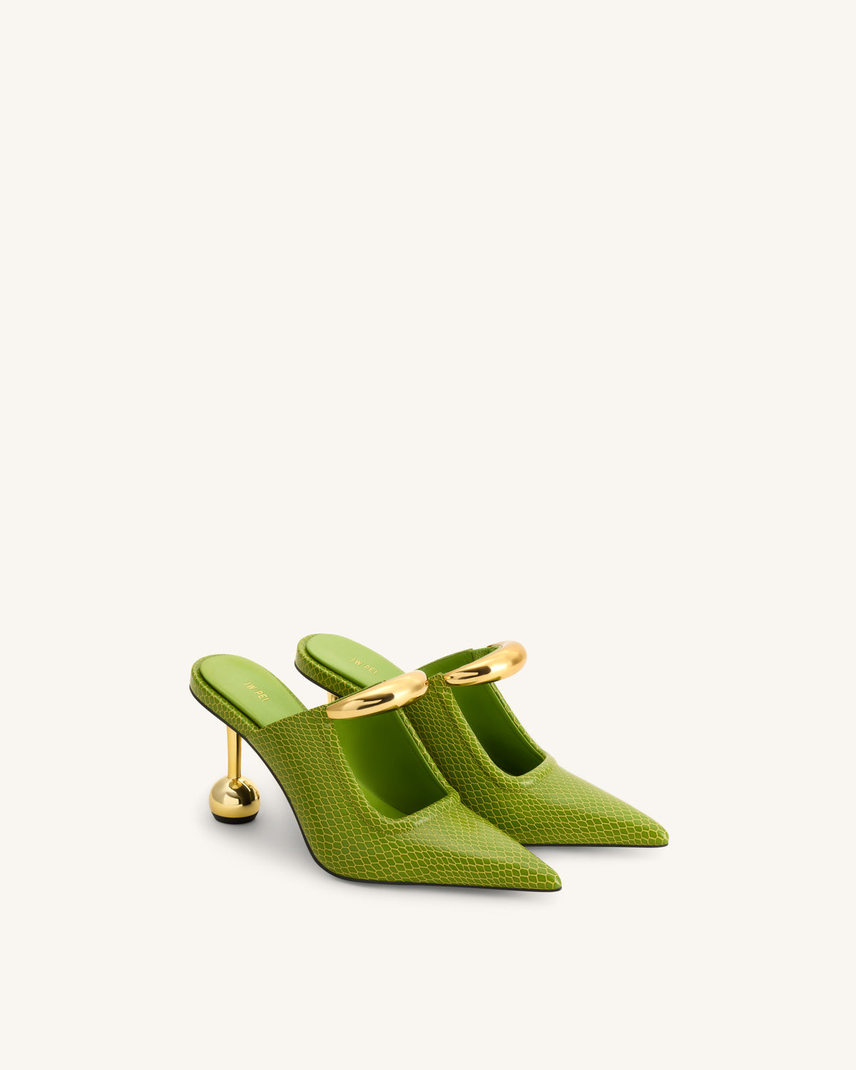 Sofia Metal Accent Sphere Heel Mules - Green | JW PEI