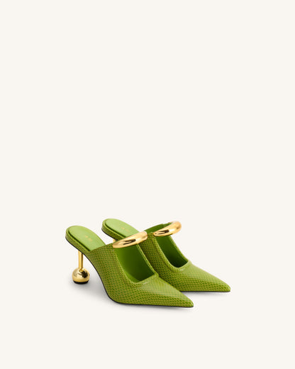 Sofia Metal Accent Sphere Heel Mules - Green | JW PEI