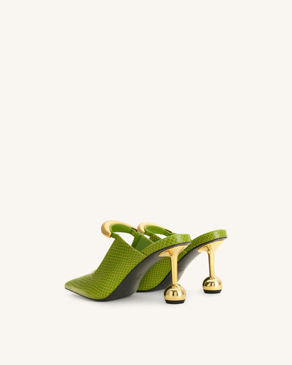Sofia Metal Accent Sphere Heel Mules - Green | JW PEI