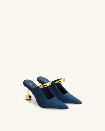 Sofia Metal Accent Sphere Heel Mules - Denim Blue | JW PEI