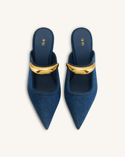 Sofia Metal Accent Sphere Heel Mules - Denim Blue | JW PEI