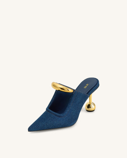 Sofia Metal Accent Sphere Heel Mules - Denim Blue | JW PEI