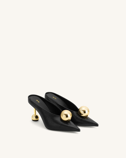 Sofia Angled Vamp Snakeskin Heel Mules - Black | JW PEI