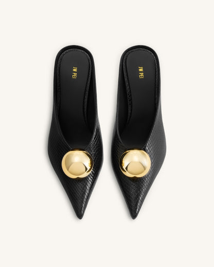 Sofia Angled Vamp Snakeskin Heel Mules - Black | JW PEI