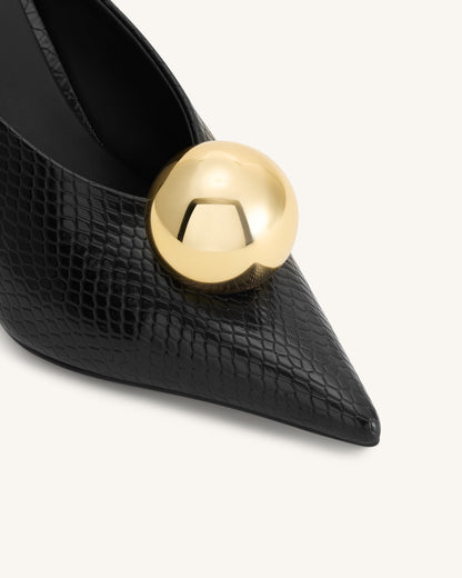 Sofia Angled Vamp Snakeskin Heel Mules - Black | JW PEI