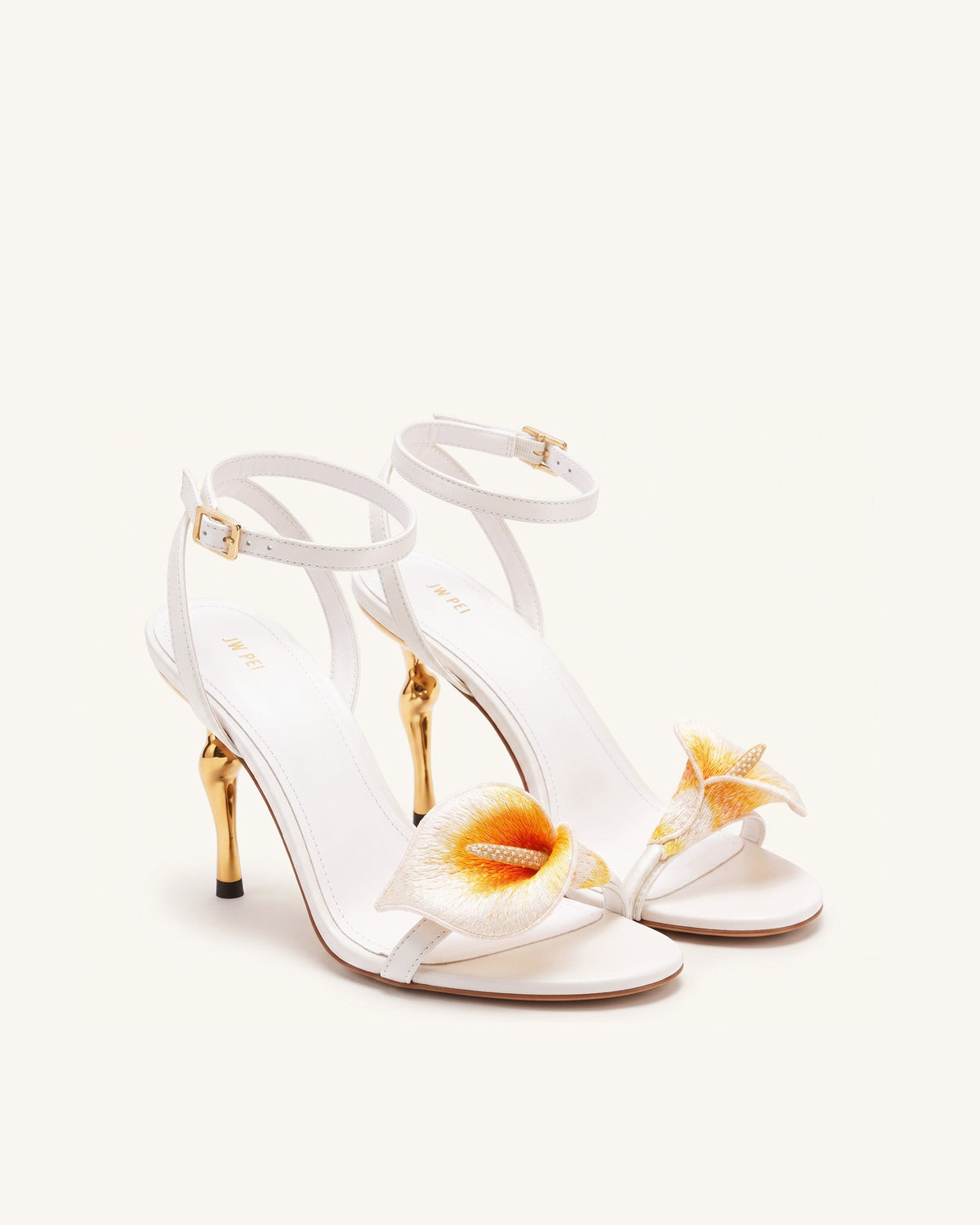 Alivia Calla Lily Gold Metal Heel Sandals - White | JW PEI