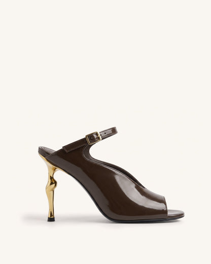 Alivia Gold Metal Peep-Toe Heels - Dark Brown | JW PEI