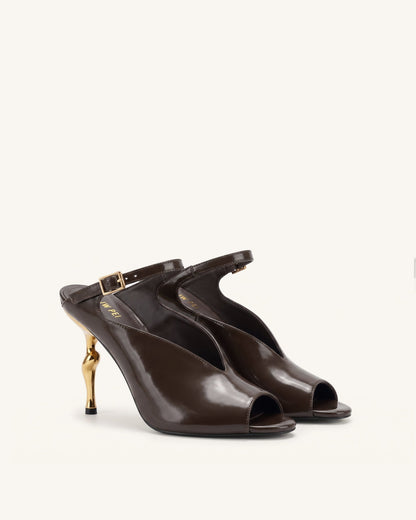 Alivia Gold Metal Peep-Toe Heels - Dark Brown | JW PEI
