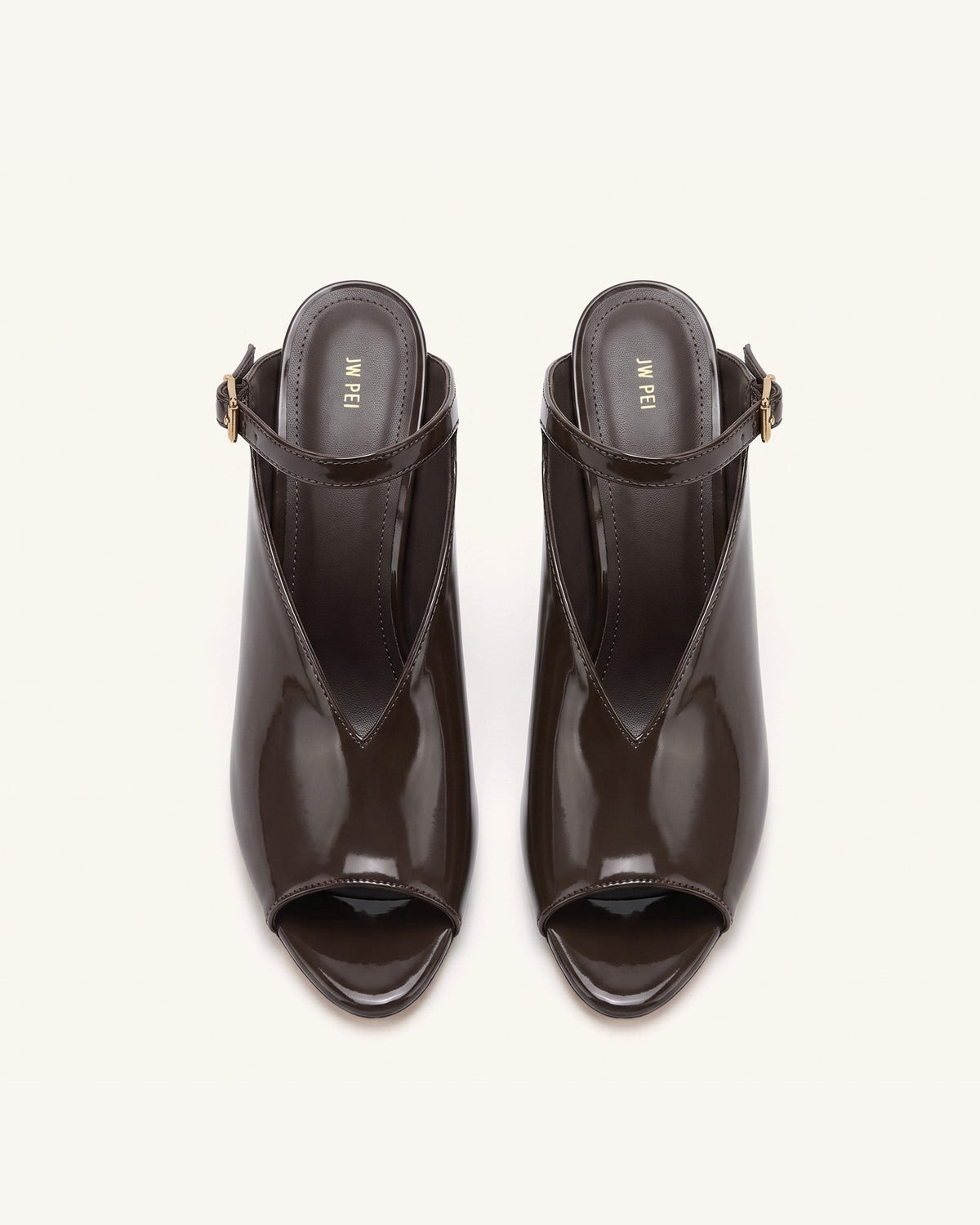 Alivia Gold Metal Peep-Toe Heels - Dark Brown | JW PEI