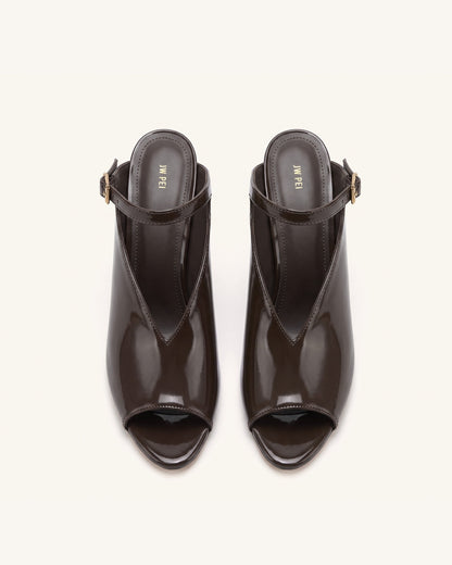 Alivia Gold Metal Peep-Toe Heels - Dark Brown | JW PEI