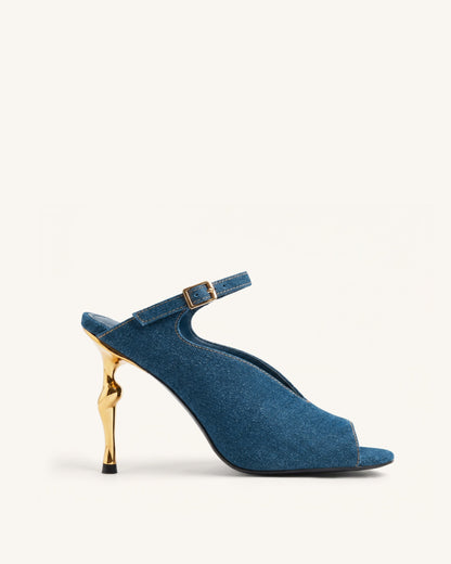 Alivia Gold Metal Peep-Toe Heels - Denim Blue | JW PEI