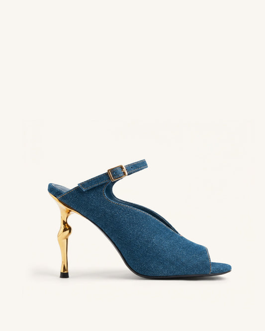 Alivia Gold Metal Peep-Toe Heels - Denim Blue | JW PEI