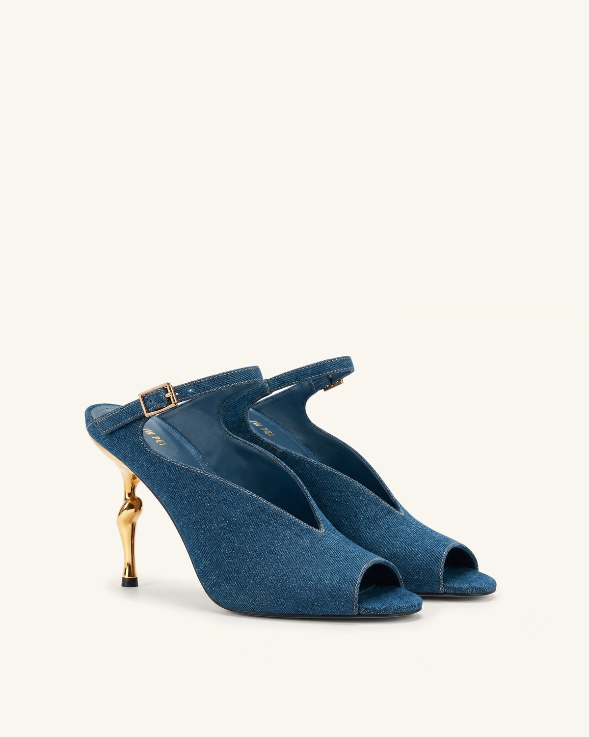 Alivia Gold Metal Peep-Toe Heels - Denim Blue | JW PEI