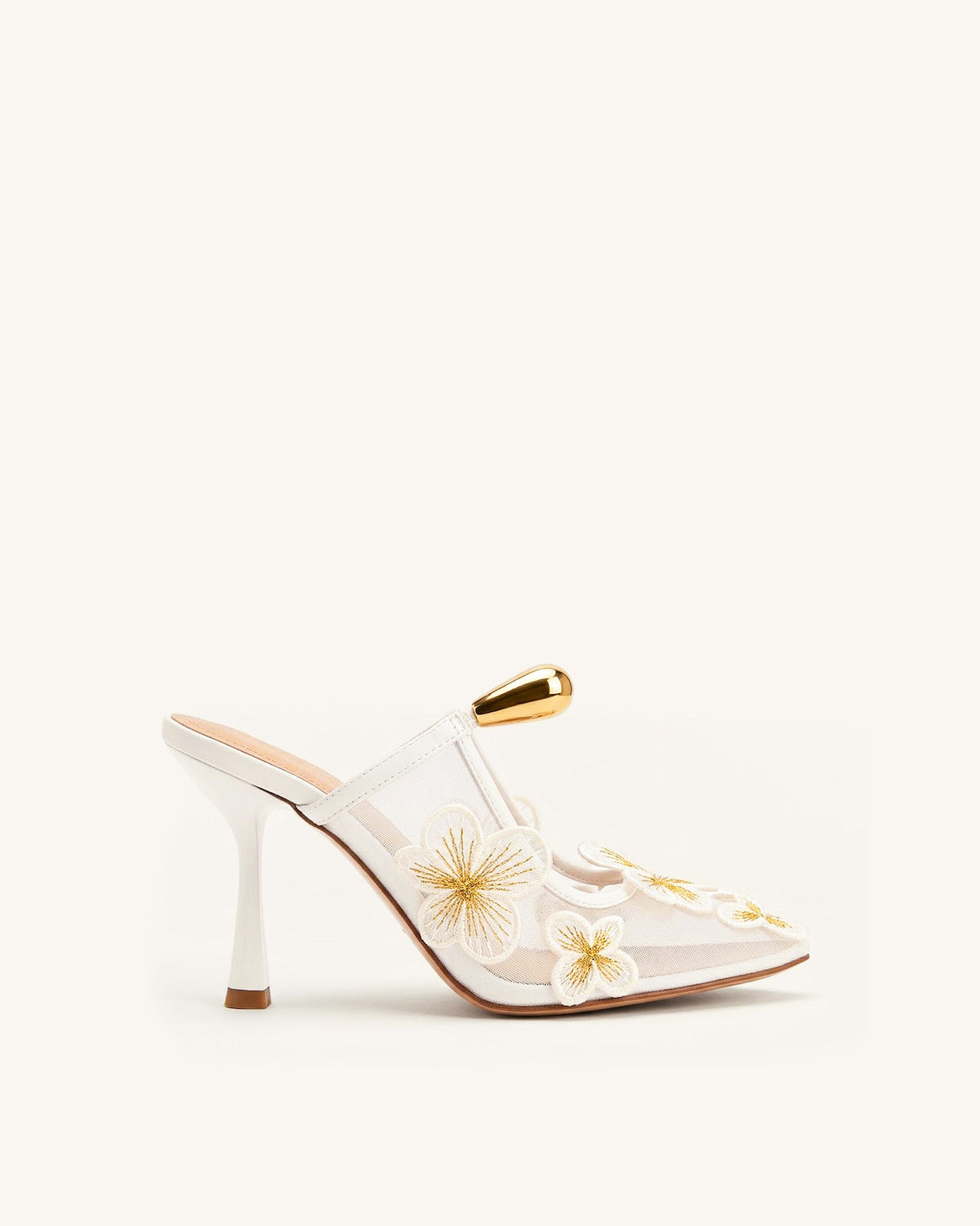 Mireille Pierced Floral Embroidered Appliqué Mesh Mules - Ivory | JW PEI