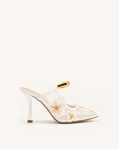 Mireille Pierced Floral Embroidered Appliqué Mesh Mules - Ivory | JW PEI