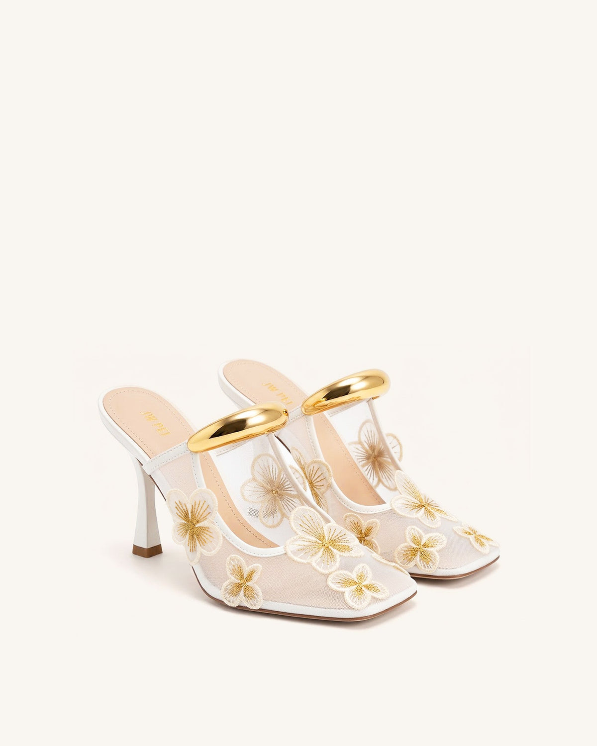 Mireille Pierced Floral Embroidered Appliqué Mesh Mules - Ivory | JW PEI