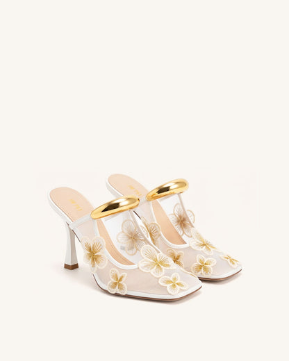Mireille Pierced Floral Embroidered Appliqué Mesh Mules - Ivory | JW PEI