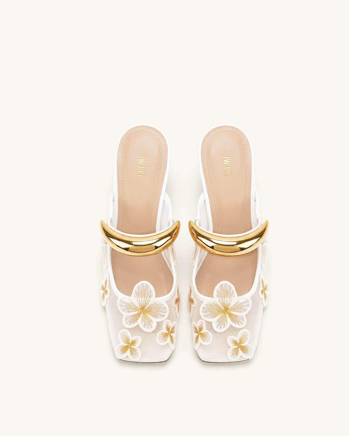 Mireille Pierced Floral Embroidered Appliqué Mesh Mules - Ivory | JW PEI