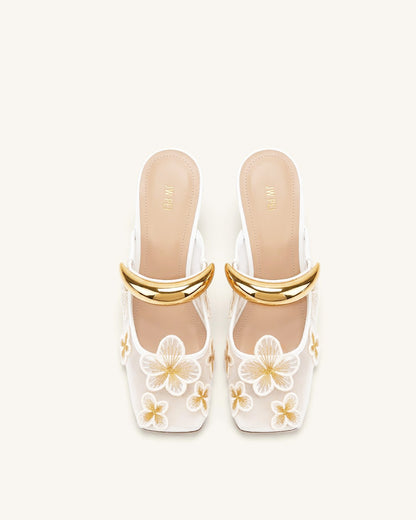 Mireille Pierced Floral Embroidered Appliqué Mesh Mules - Ivory | JW PEI