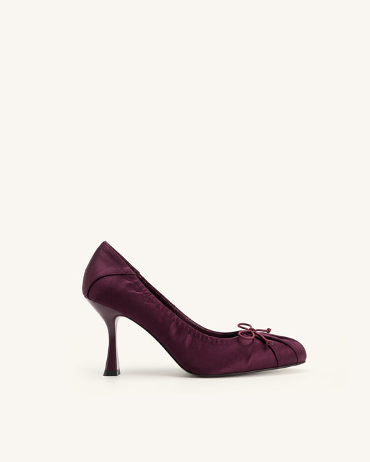 Solenne Satin Bow Ruched Pumps - Burgundy | JW PEI