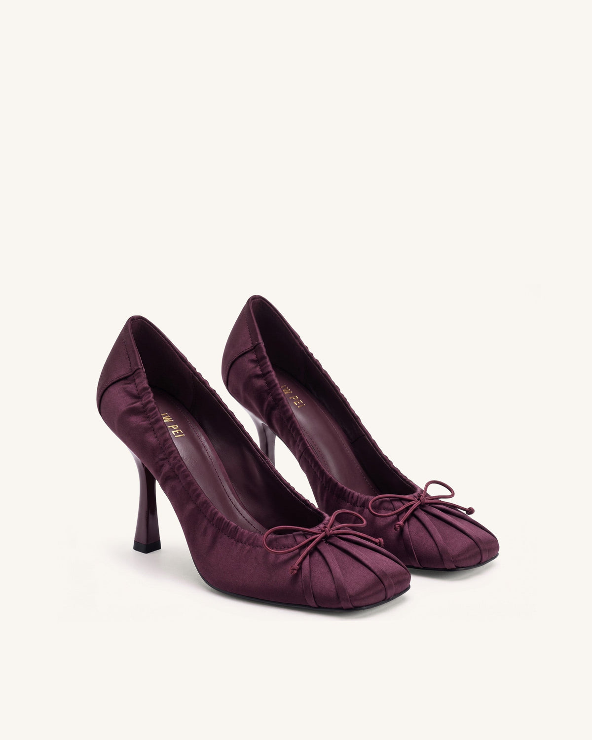 Solenne Satin Bow Ruched Pumps - Burgundy | JW PEI